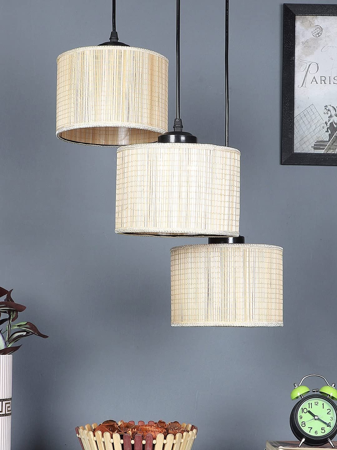 Bamboo Round Drum Cluster Hanging Lamp for Living Room