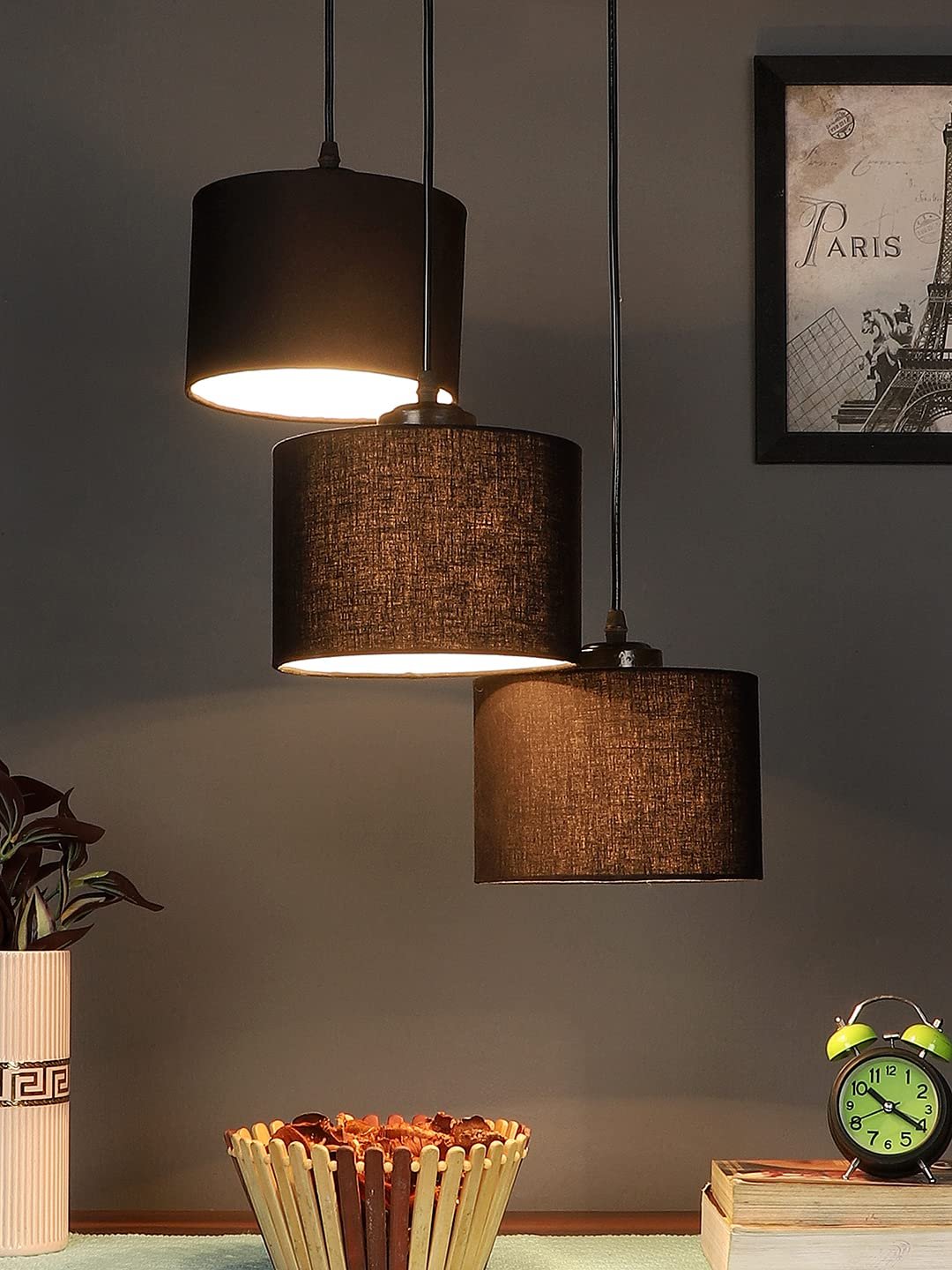 Black Cotton Round Drum Cluster Hanging Lamp