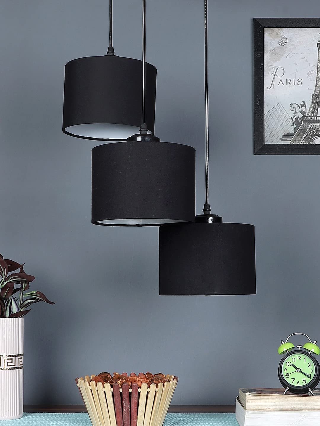 Black Cotton Round Drum Cluster Hanging Lamp