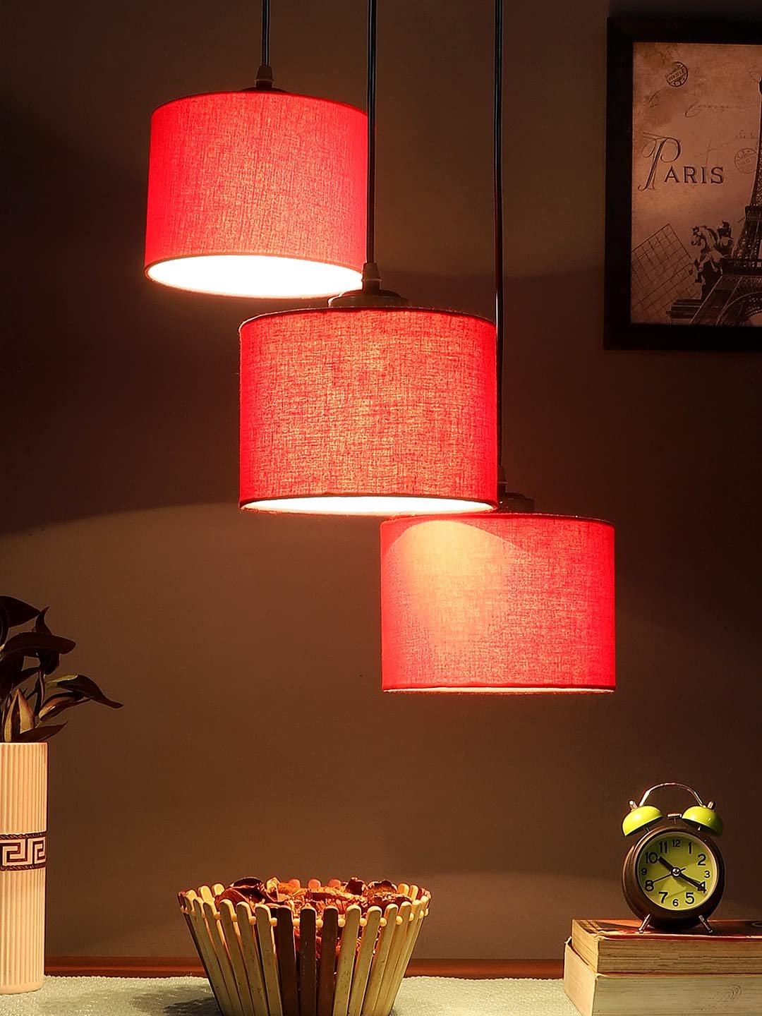 Red Cotton Round Drum Cluster Hanging Lamp