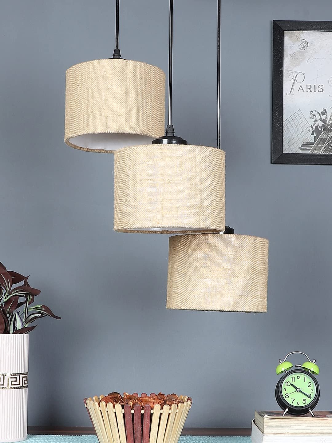 Beige Jute Round Drum Cluster Hanging Lamp