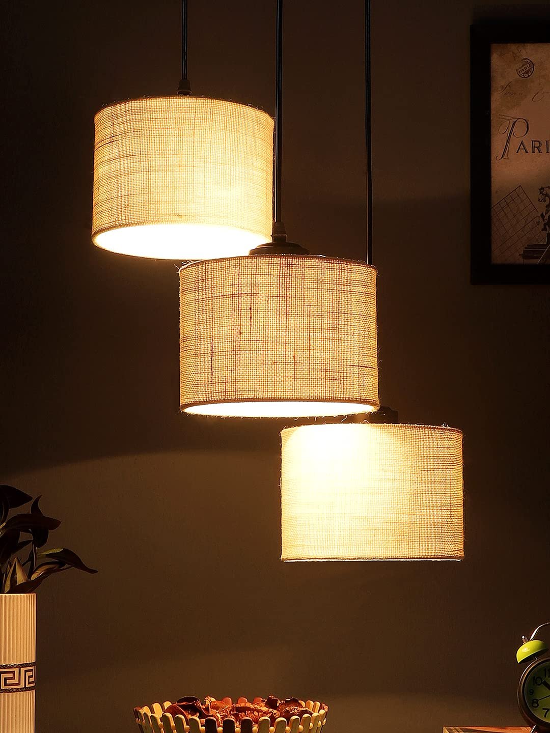 White Jute Round Drum Cluster Hanging Lamp