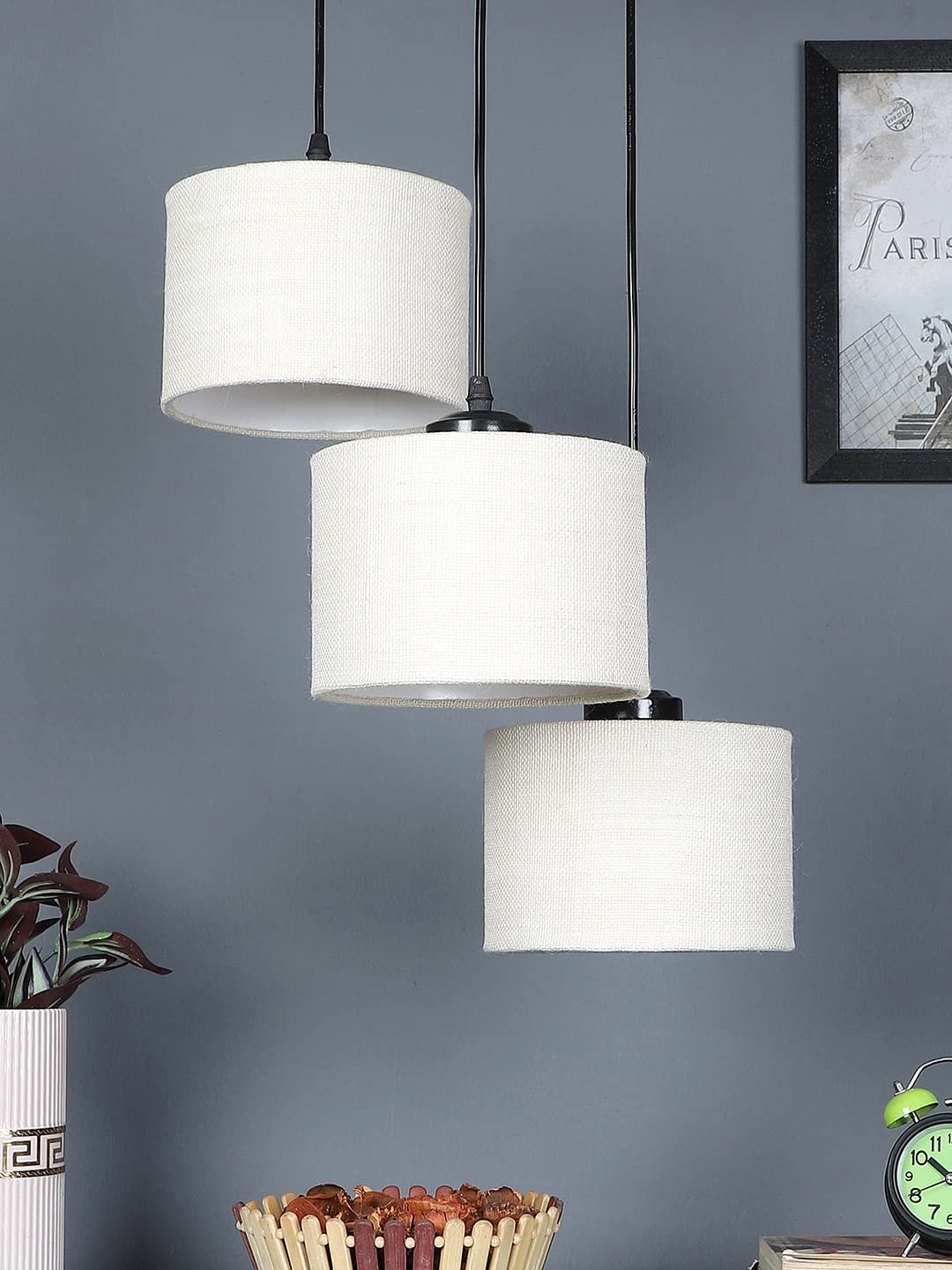White Jute Round Drum Cluster Hanging Lamp