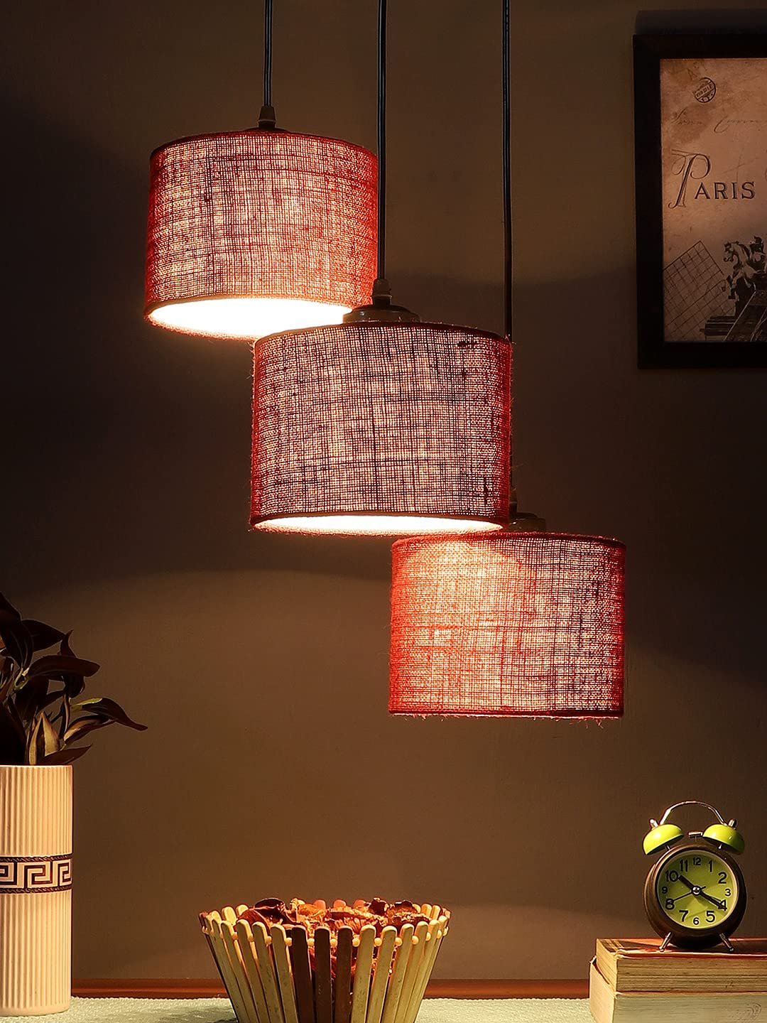 Maroon Jute Round Drum Cluster Hanging Lamp