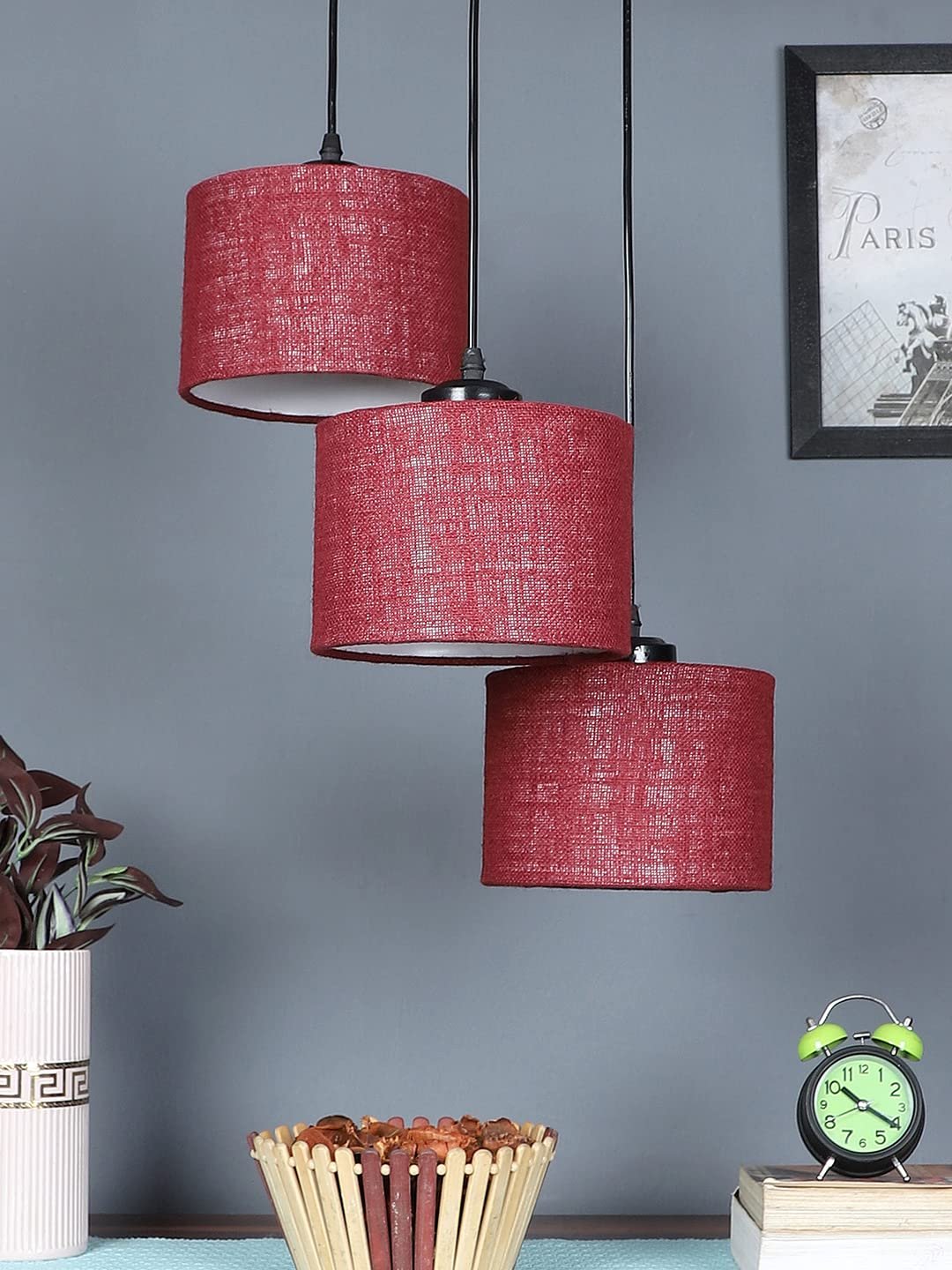 Maroon Jute Round Drum Cluster Hanging Lamp