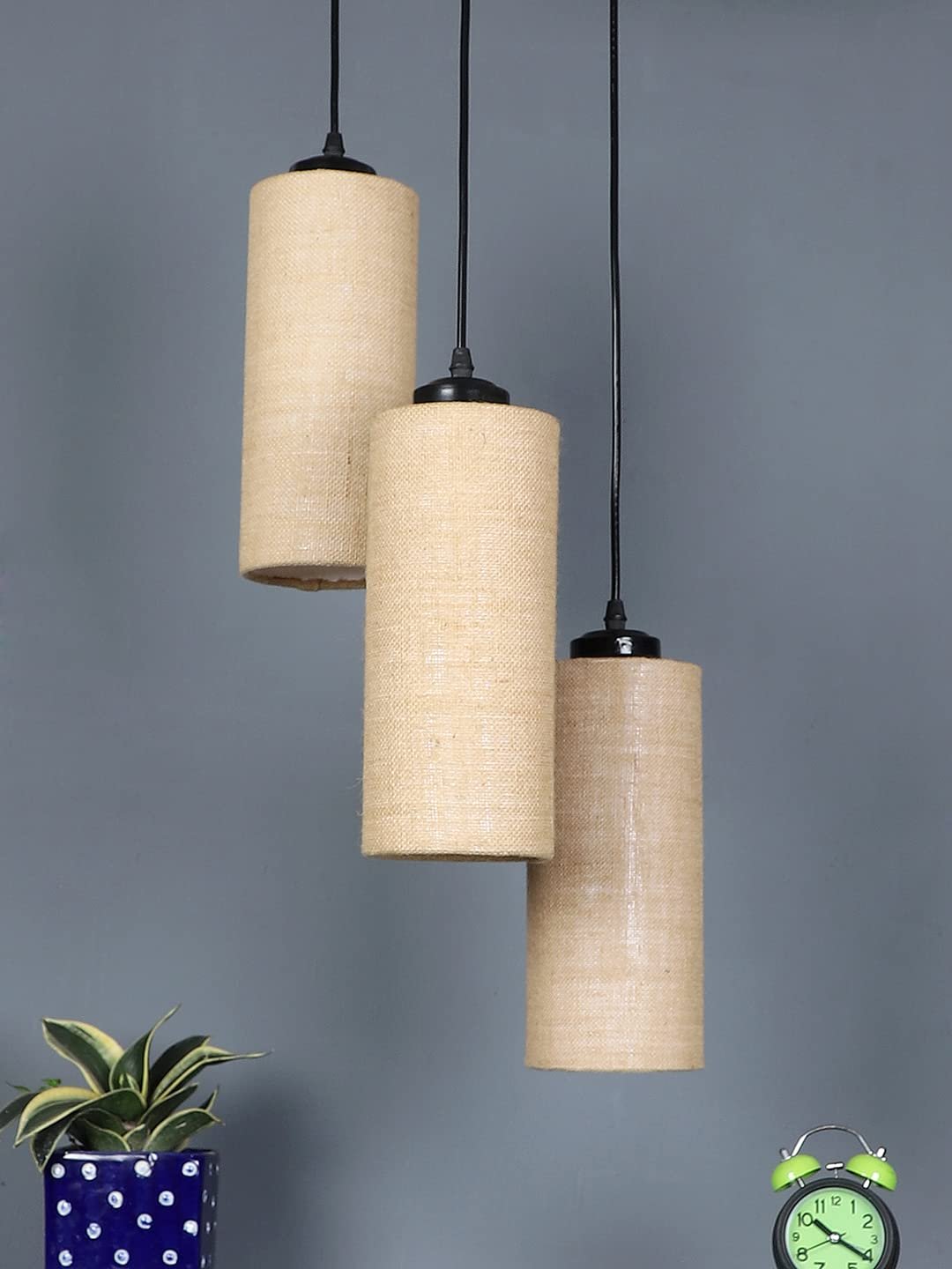 Beige Jute Cylindrical Cluster Hanging Lamp