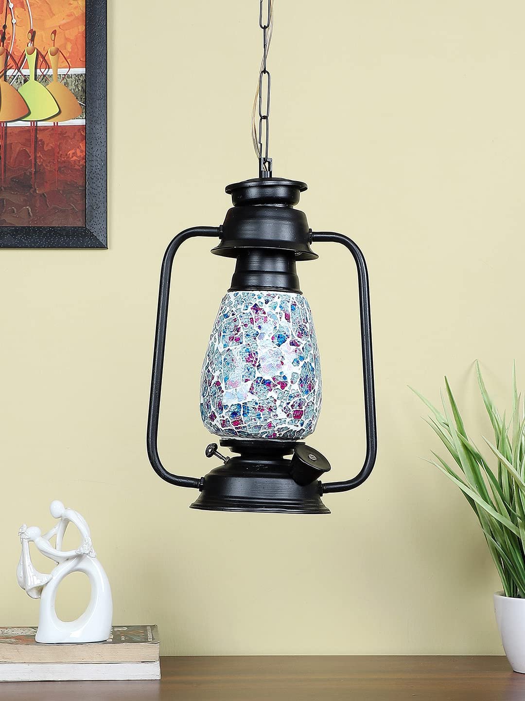 Black Lantern Hanging Lamp with Mosaic Glass (SH75)
