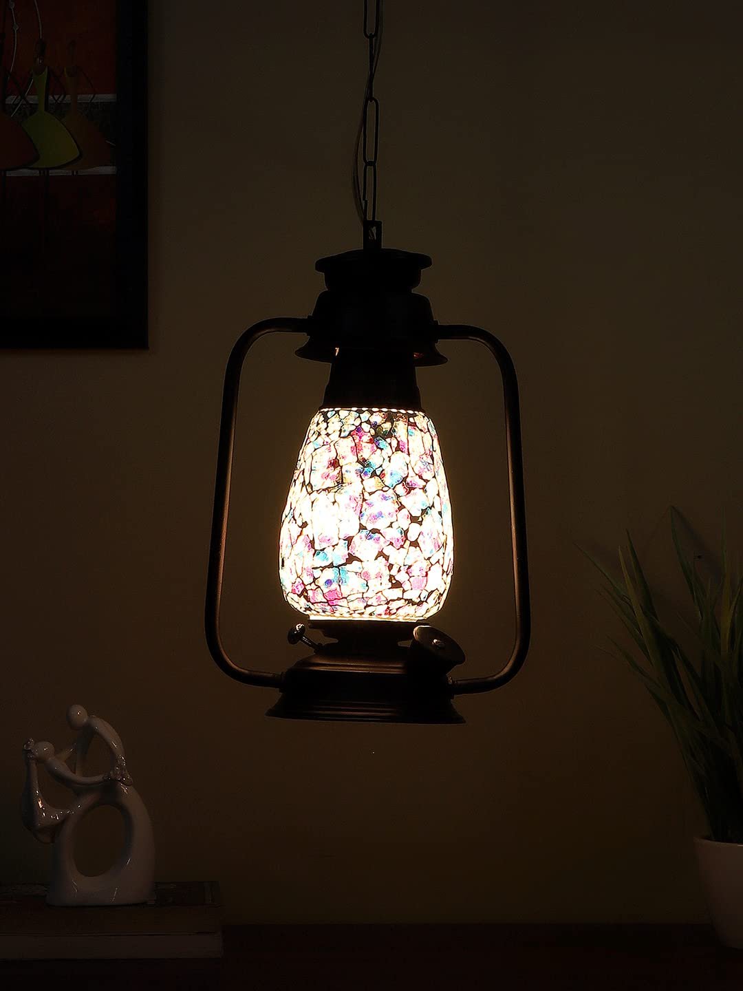 Black Lantern Hanging Lamp with Mosaic Glass (SH75)