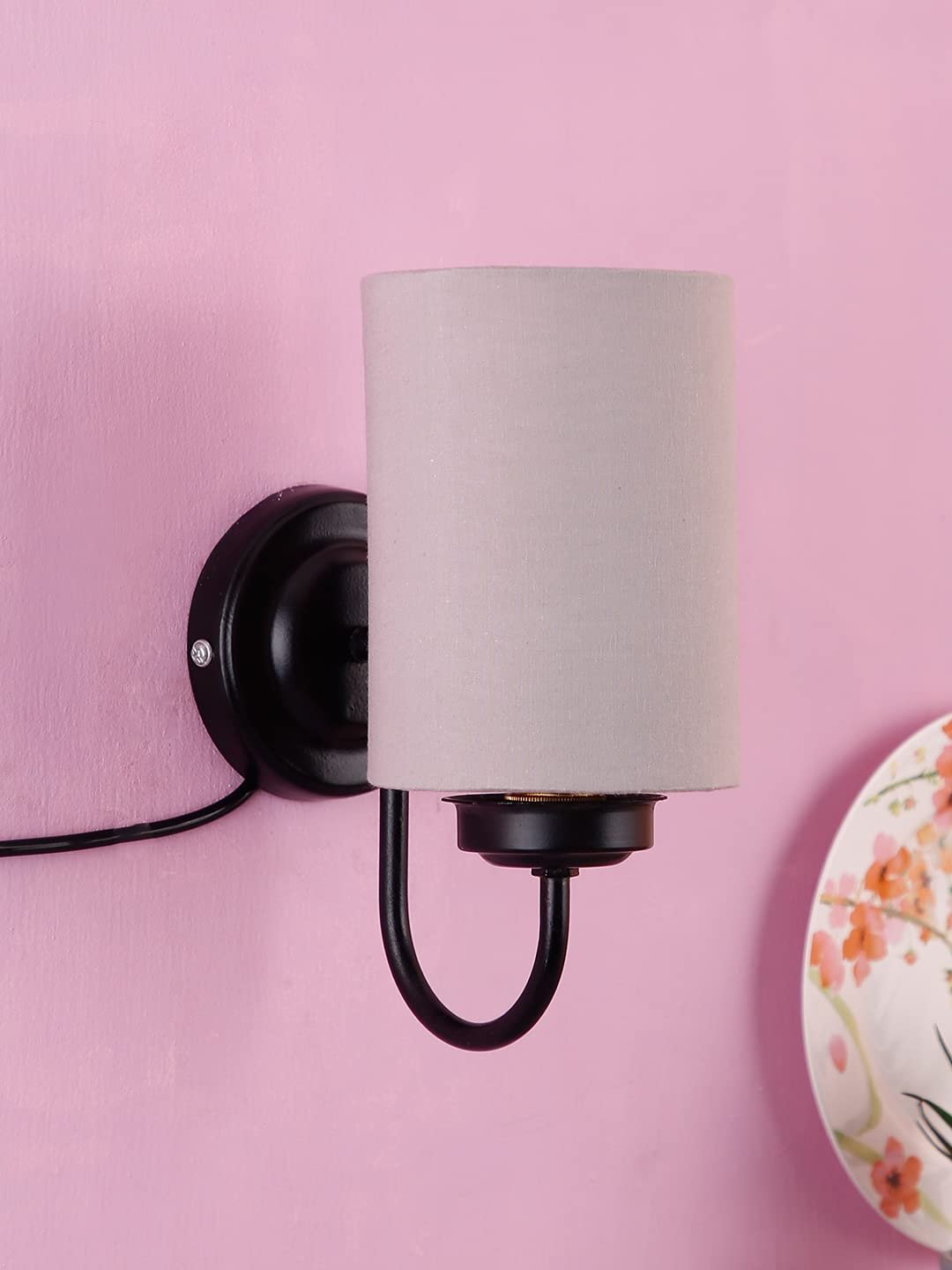 Grey Cotton Wall Mounted lamp with Black Base