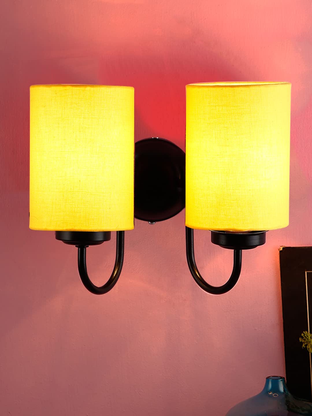 Yellow Cotton Double Wall Mounted lamp with Black Base