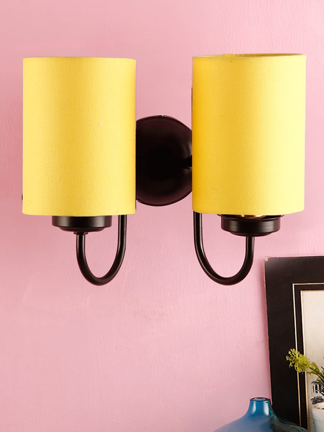 Yellow Cotton Double Wall Mounted lamp with Black Base