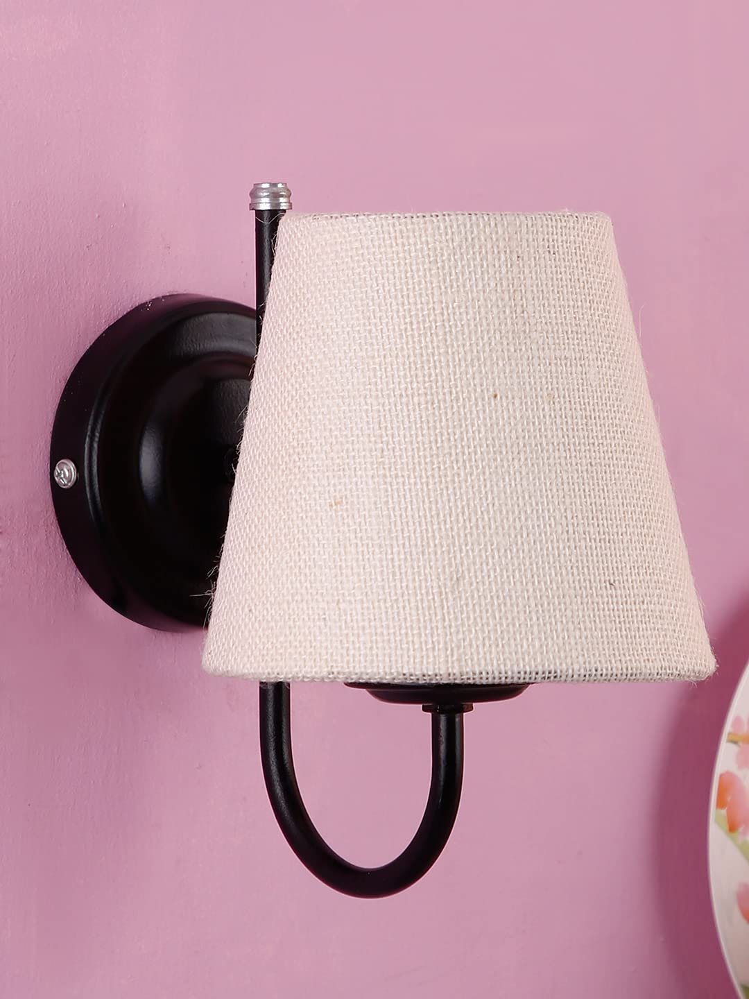 White Jute conical Wall Mounted lamp with Black Base
