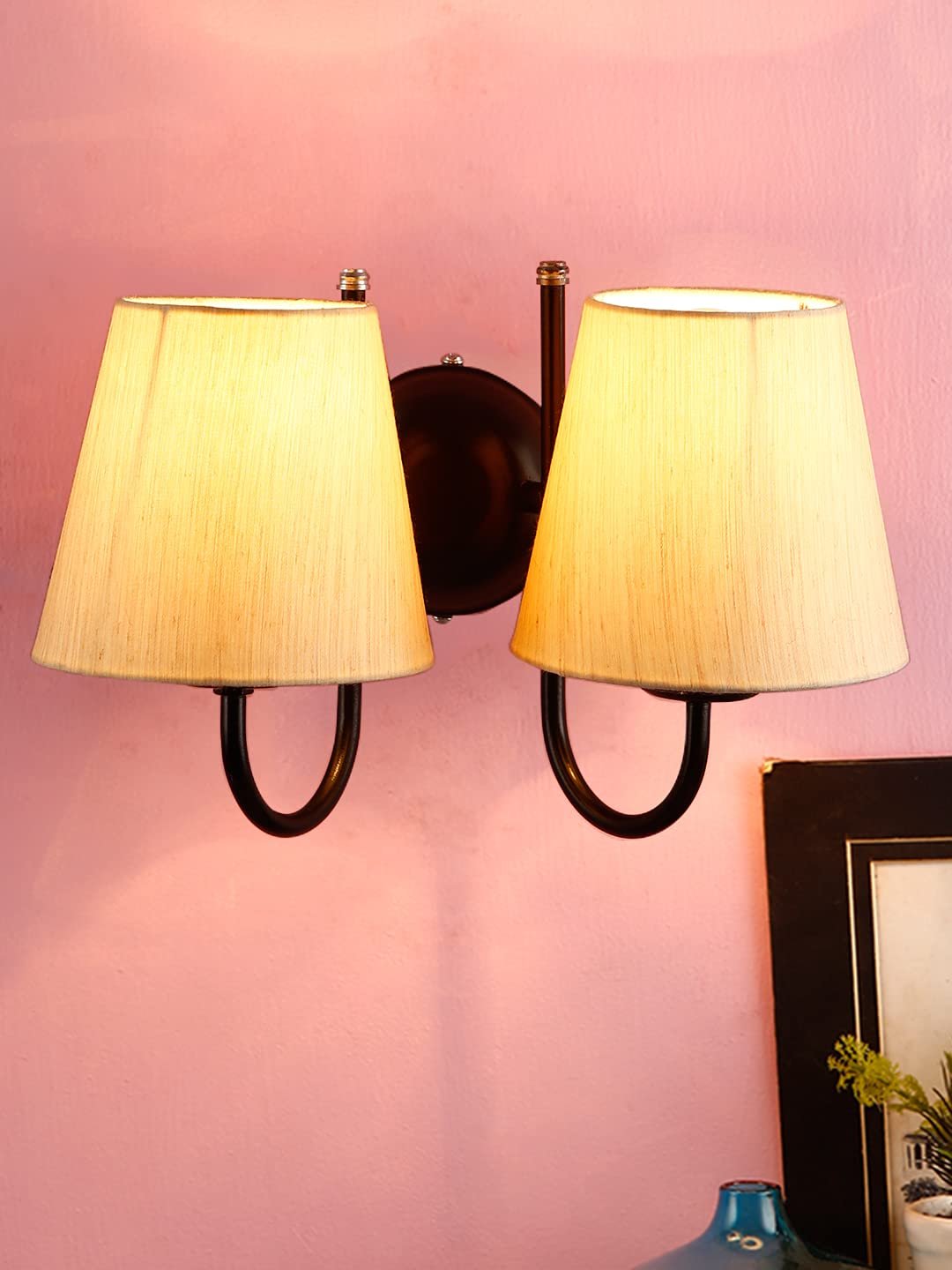 Off-White conical Cotton Double Wall Mounted lamp with Black Base