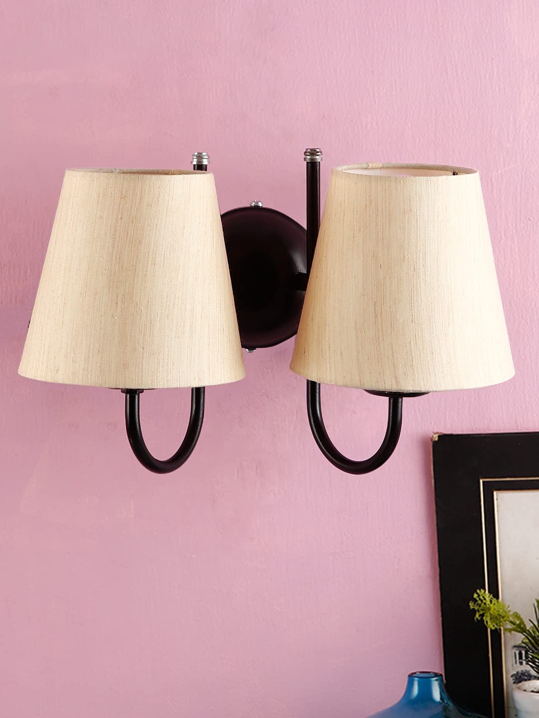 Off-White conical Cotton Double Wall Mounted lamp with Black Base