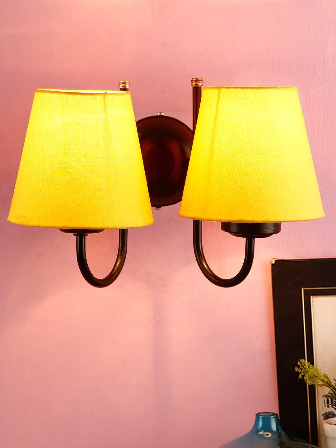 Yellow conical Cotton Double Wall Mounted lamp with Black Base