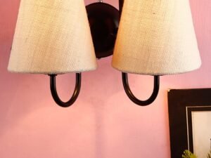 White Jute conical Double Wall Mounted lamp with Black Base