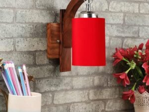 Wooden Wall Lamp, Wall Decor, Wall Hanging Wood Light lamp,Vintage Wall Lamps, Industrial Wall Lights Decorative Home, Living Room, Indoor Outdoor Lighting-Red Cotton Shade