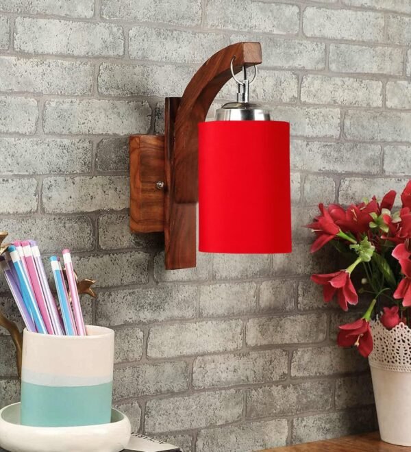 Wooden Wall Lamp, Wall Decor, Wall Hanging Wood Light lamp,Vintage Wall Lamps, Industrial Wall Lights Decorative Home, Living Room, Indoor Outdoor Lighting-Red Cotton Shade
