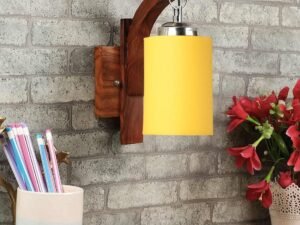 Wooden Wall Lamp, Wall Decor, Wall Hanging Wood Light lamp,Vintage Wall Lamps, Industrial Wall Lights Decorative Home, Living Room, Indoor Outdoor Lighting-Yellow Cotton Shade
