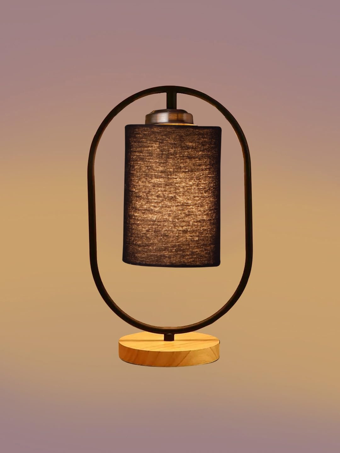 Black Cotton Drum Wooden & Iron Table Lamp -17 Inch Height -B