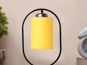 Yellow Cotton Drum Wooden & Iron Table Lamp -17 Inch Height -E