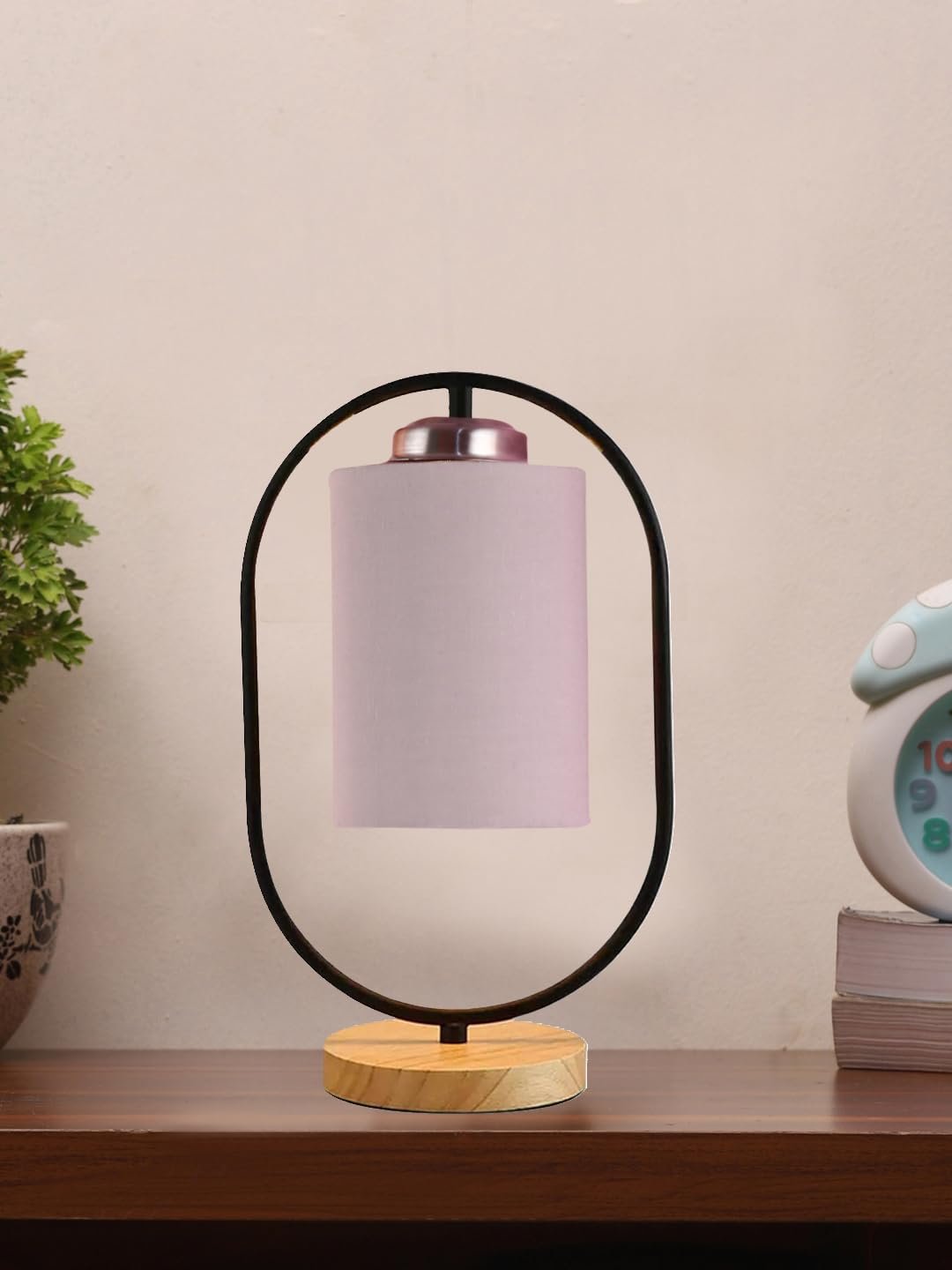 Grey Cotton Drum Wooden & Iron Table Lamp -17 Inch Height -G