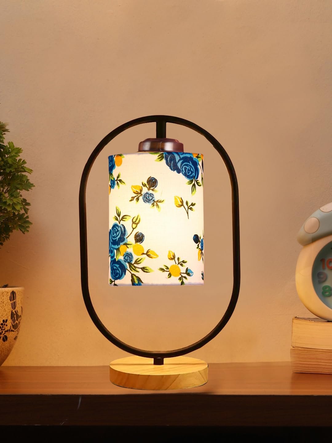 Printed Cotton Drum Wooden & Iron Table Lamp -17 Inch Height -N