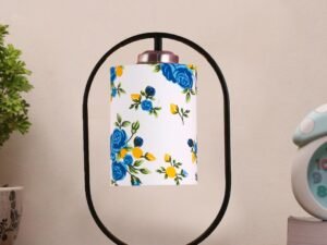 Printed Cotton Drum Wooden & Iron Table Lamp -17 Inch Height -N