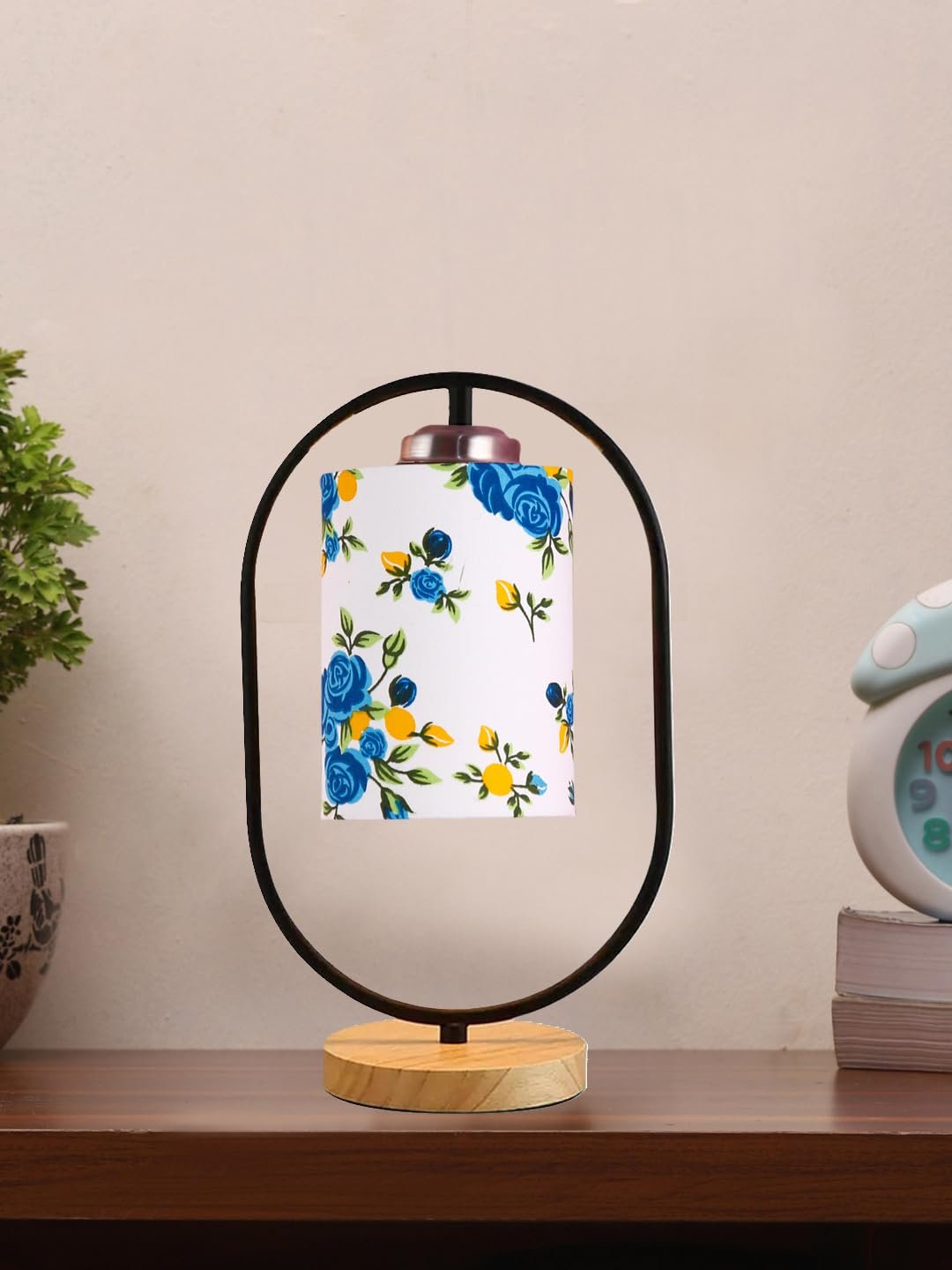 Printed Cotton Drum Wooden & Iron Table Lamp -17 Inch Height -N