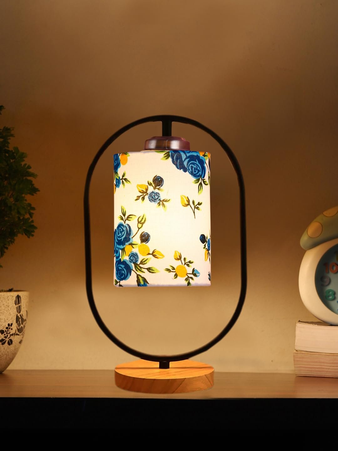 Printed Cotton Drum Wooden & Iron Table Lamp -17 Inch Height -N