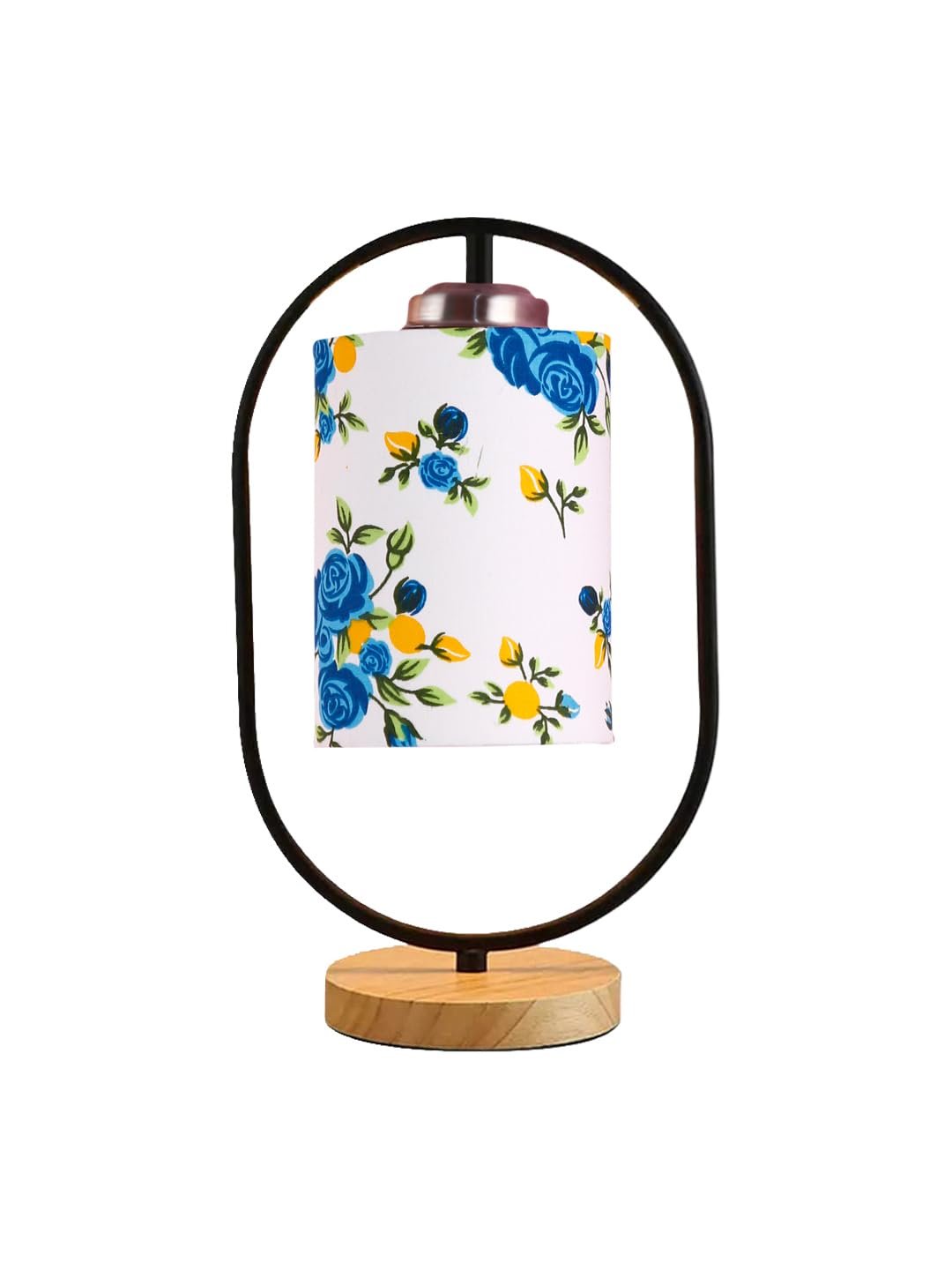 Printed Cotton Drum Wooden & Iron Table Lamp -17 Inch Height -N