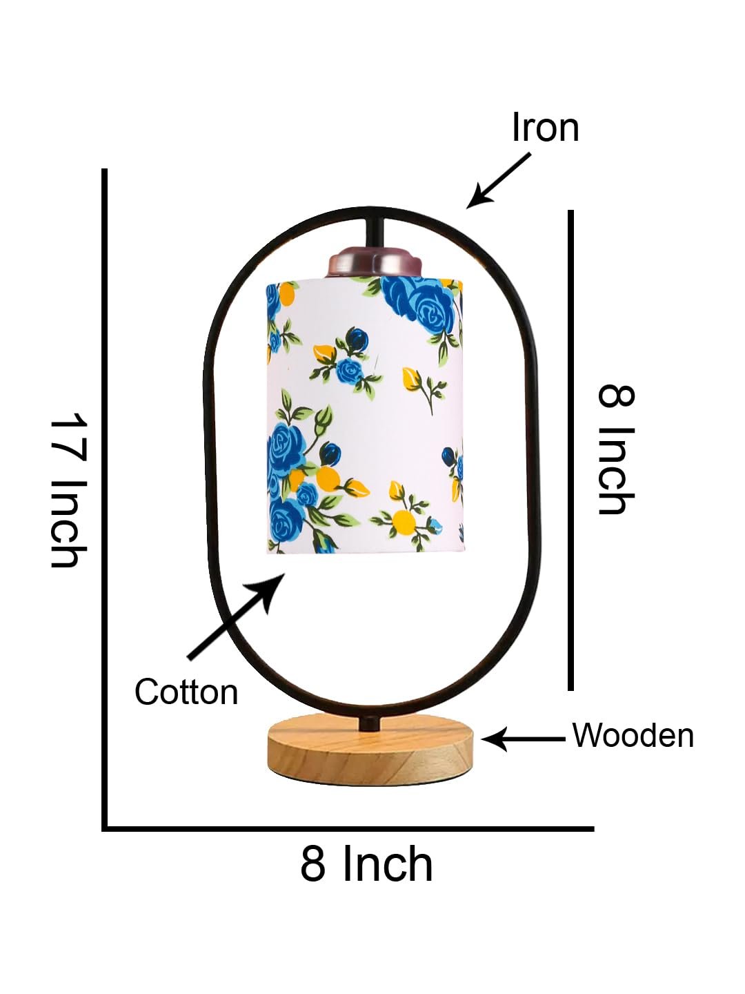 Printed Cotton Drum Wooden & Iron Table Lamp -17 Inch Height -N