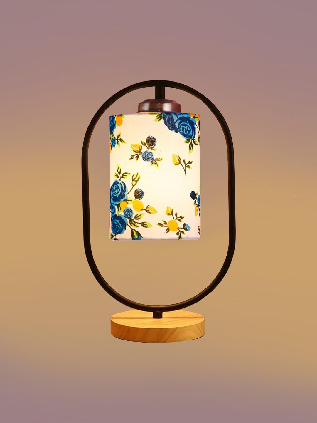 Printed Cotton Drum Wooden & Iron Table Lamp -17 Inch Height -N