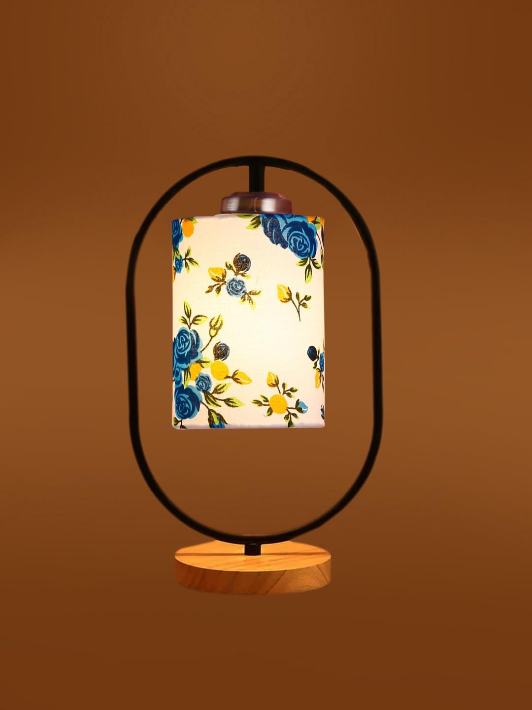 Printed Cotton Drum Wooden & Iron Table Lamp -17 Inch Height -N