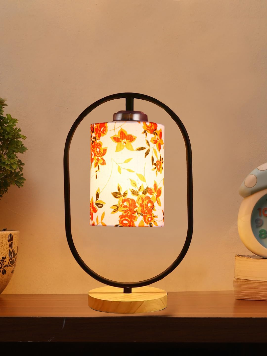 Printed Cotton Drum Wooden & Iron Table Lamp -17 Inch Height -0