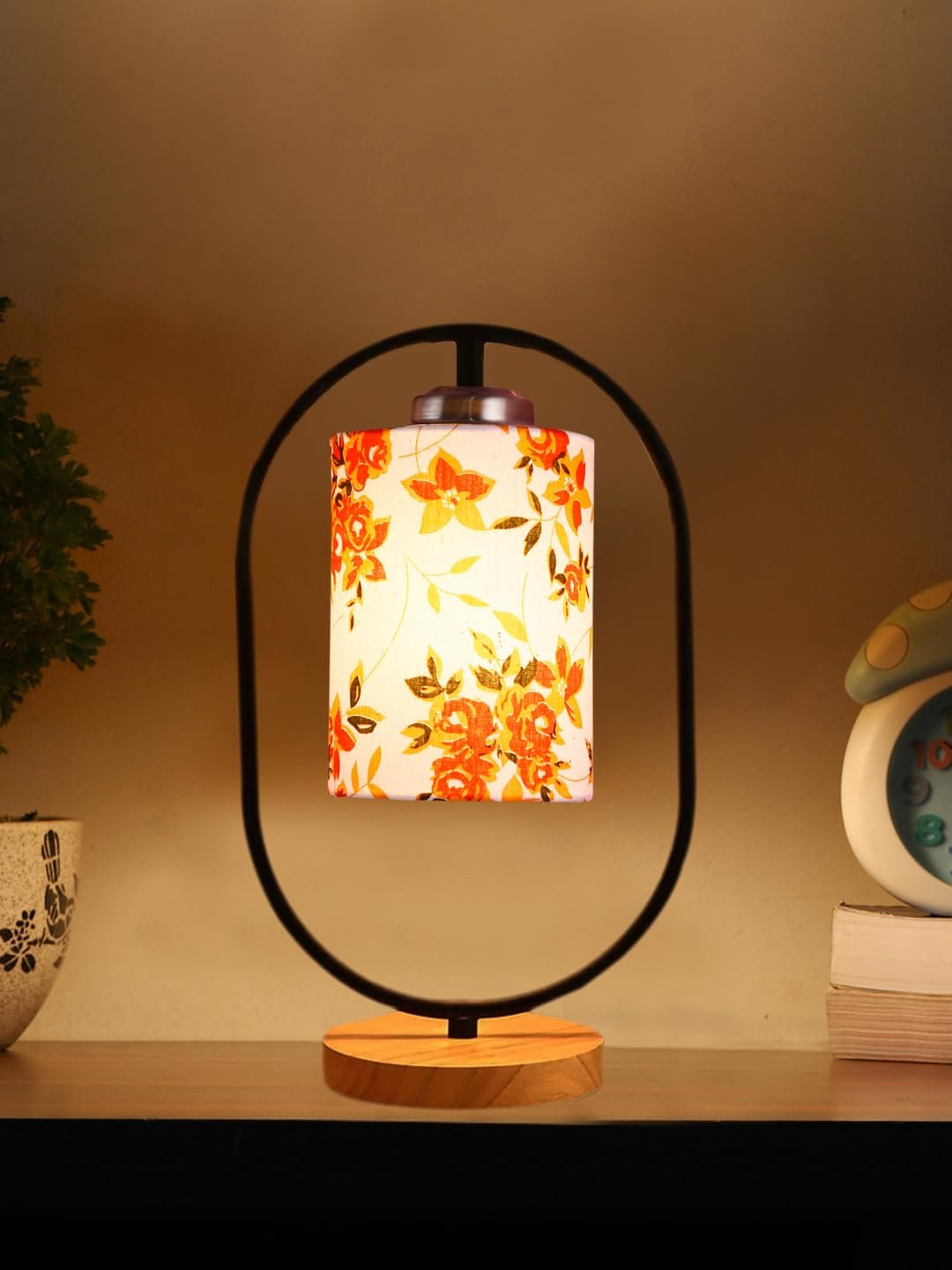 Printed Cotton Drum Wooden & Iron Table Lamp -17 Inch Height -0