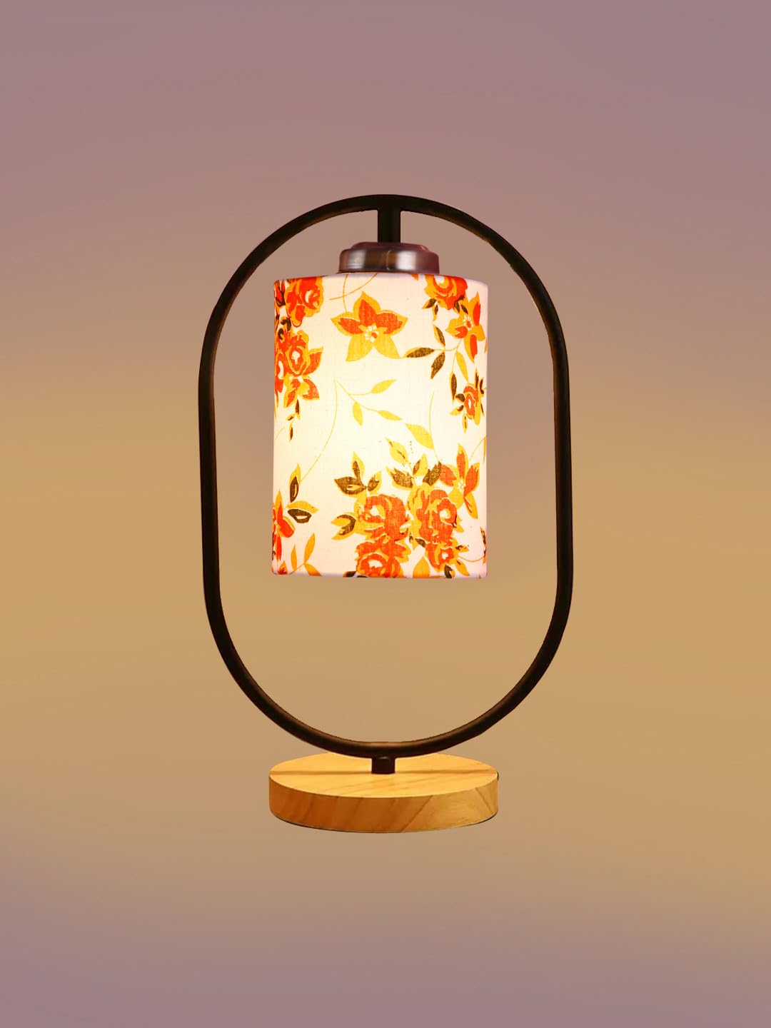 Printed Cotton Drum Wooden & Iron Table Lamp -17 Inch Height -0