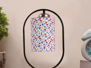 Printed Cotton Drum Wooden & Iron Table Lamp -17 Inch Height -P