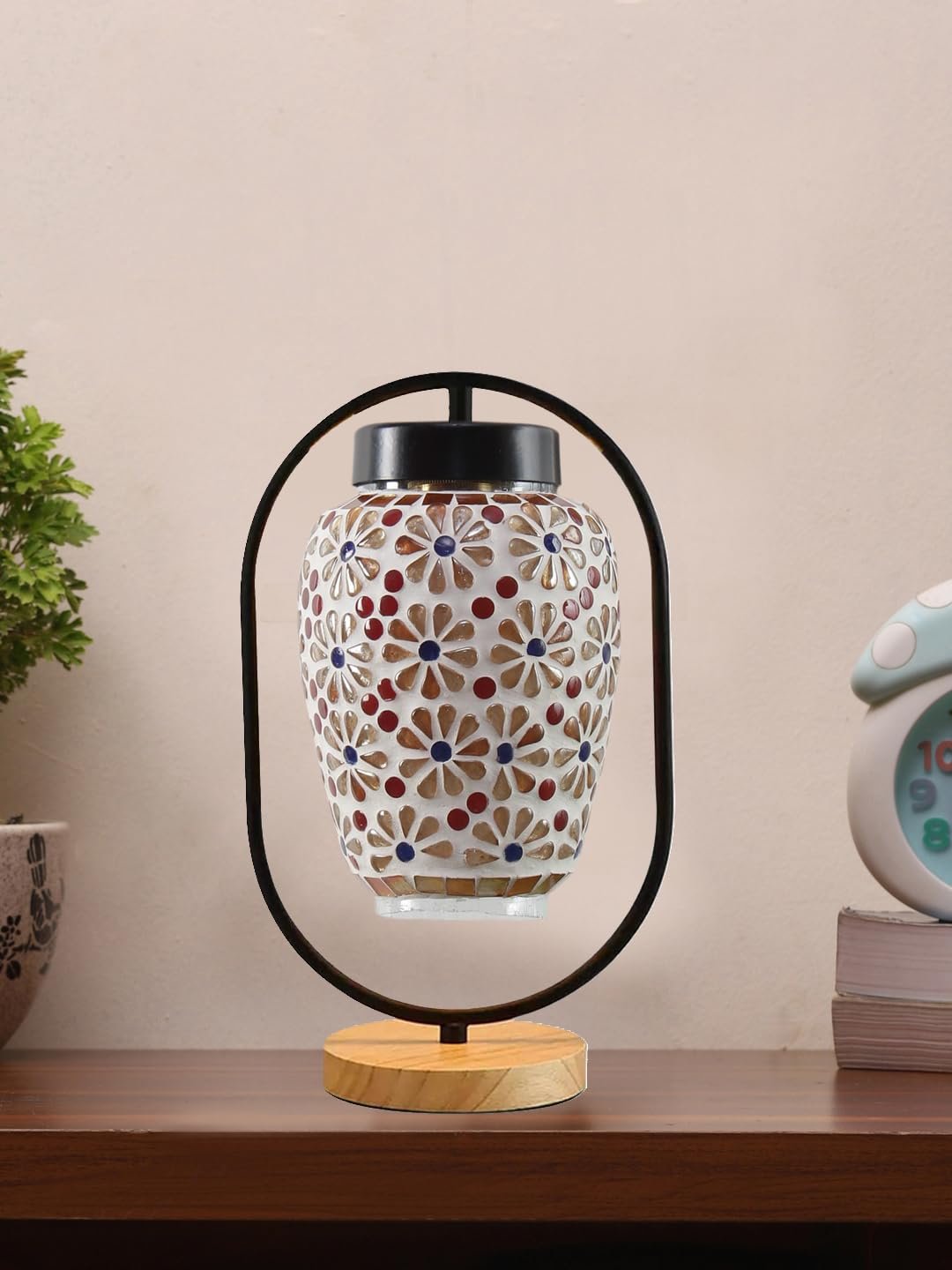 Multicolor Glass Wooden & Iron Table Lamp -17 Inch Height -Z