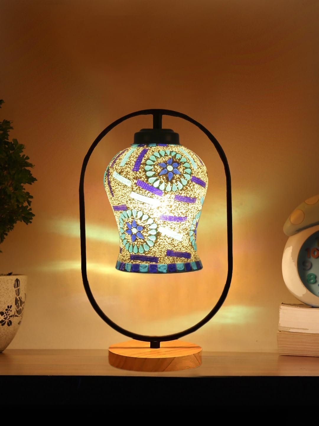 Multicolor Glass Wooden & Iron Table Lamp -17 Inch Height -ABM