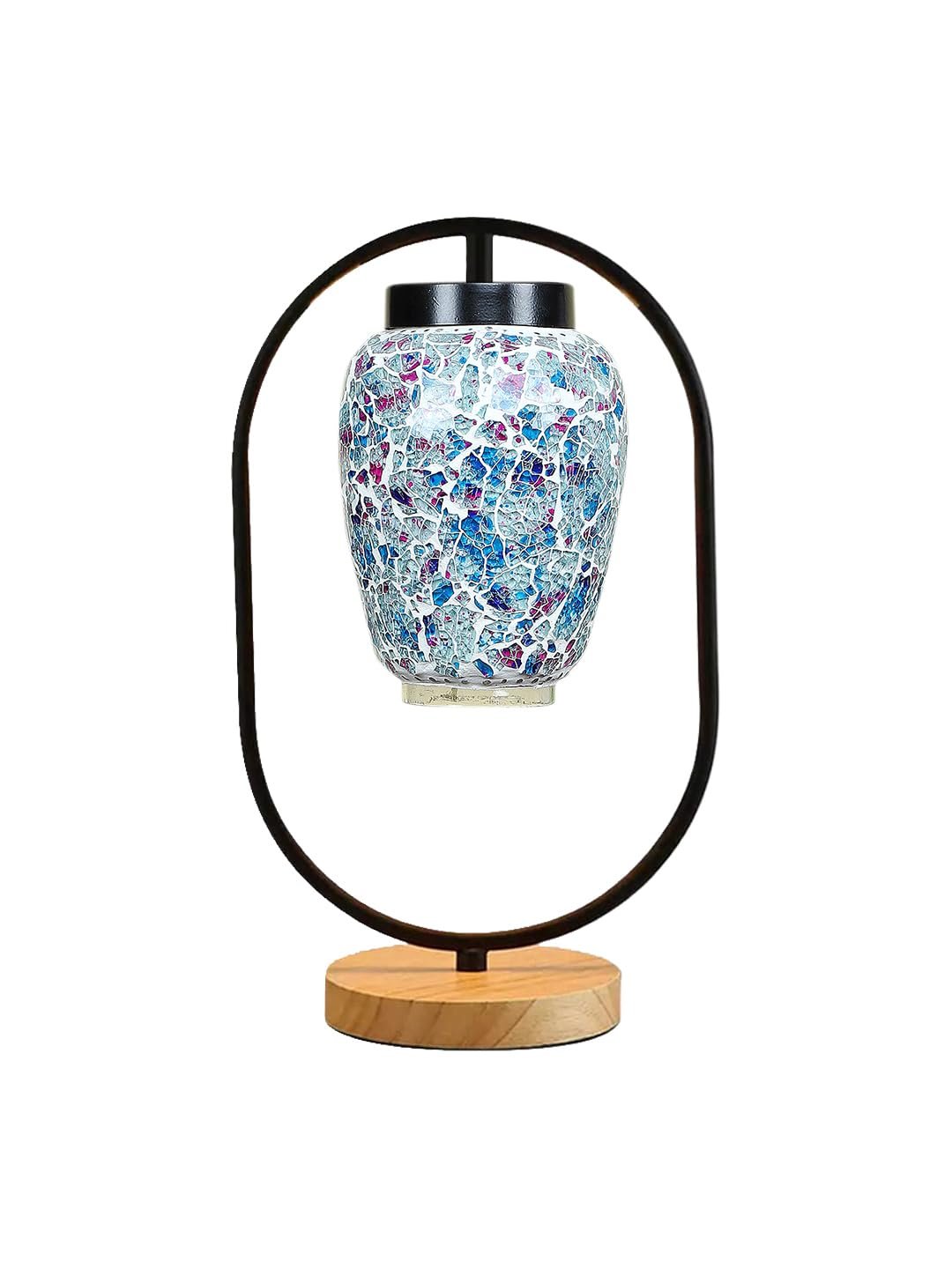 Multicolor Glass Wooden & Iron Table Lamp -17 Inch Height -LPO