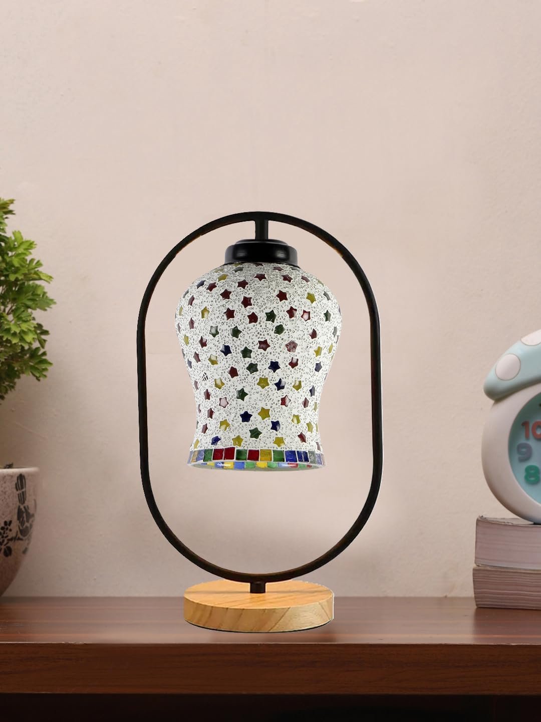 Multicolor Glass Wooden & Iron Table Lamp -17 Inch Height - PLAP