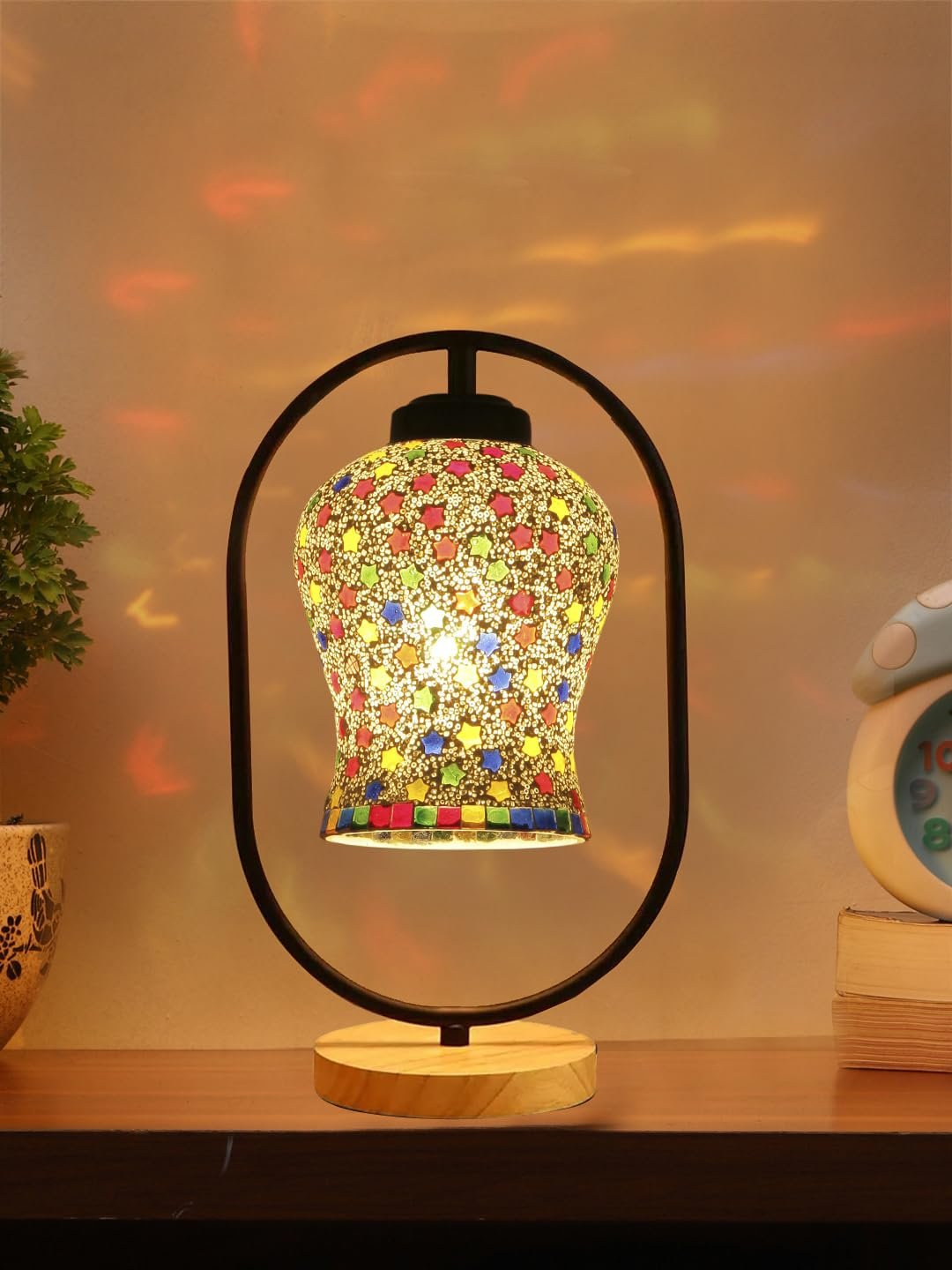 Multicolor Glass Wooden & Iron Table Lamp -17 Inch Height - PLAP