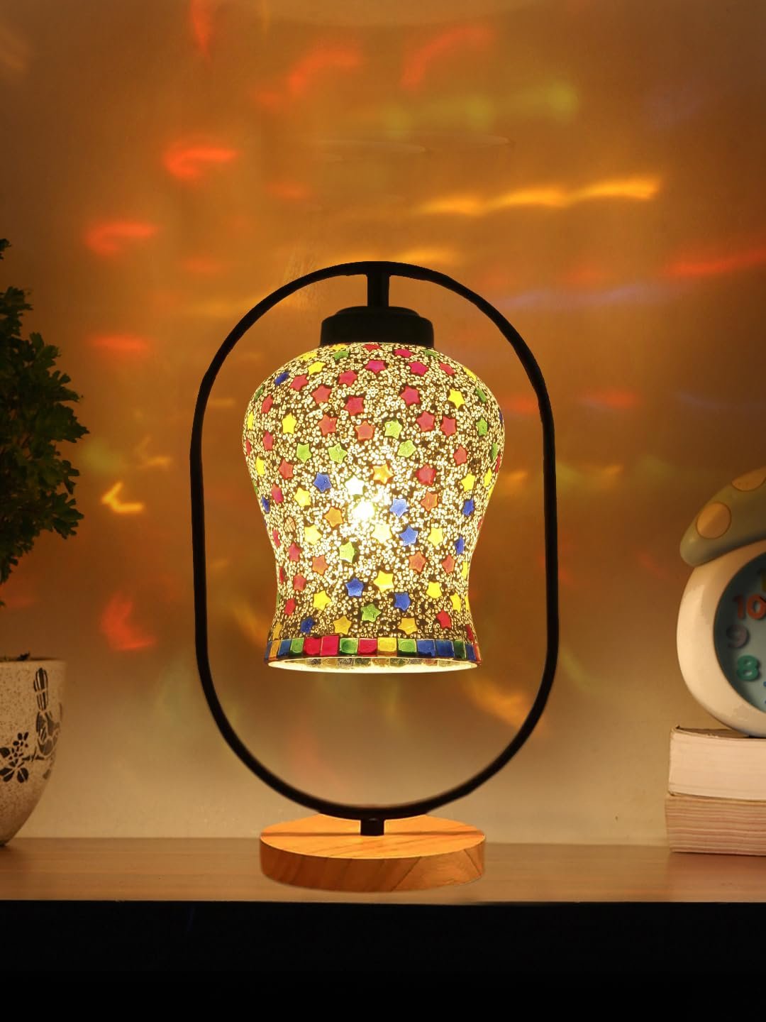 Multicolor Glass Wooden & Iron Table Lamp -17 Inch Height - PLAP