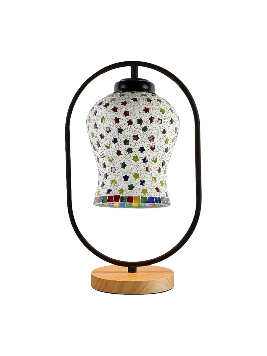 Multicolor Glass Wooden & Iron Table Lamp -17 Inch Height - PLAP