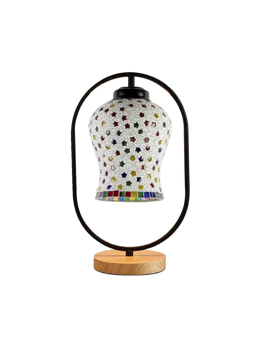 Multicolor Glass Wooden & Iron Table Lamp -17 Inch Height - PLAP