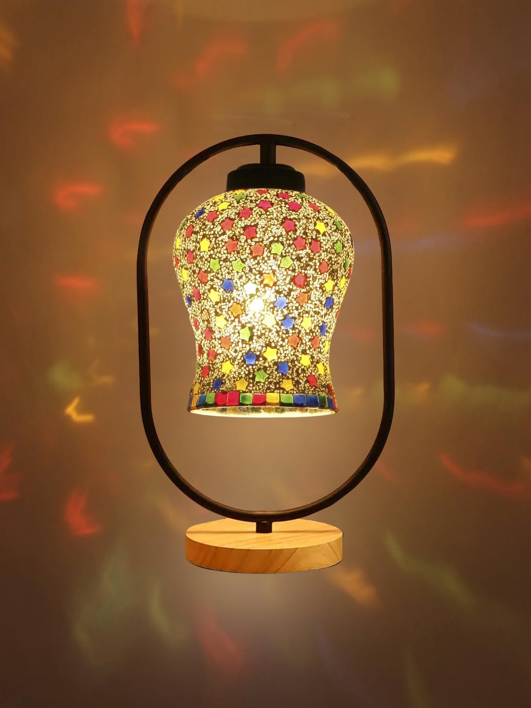 Multicolor Glass Wooden & Iron Table Lamp -17 Inch Height - PLAP