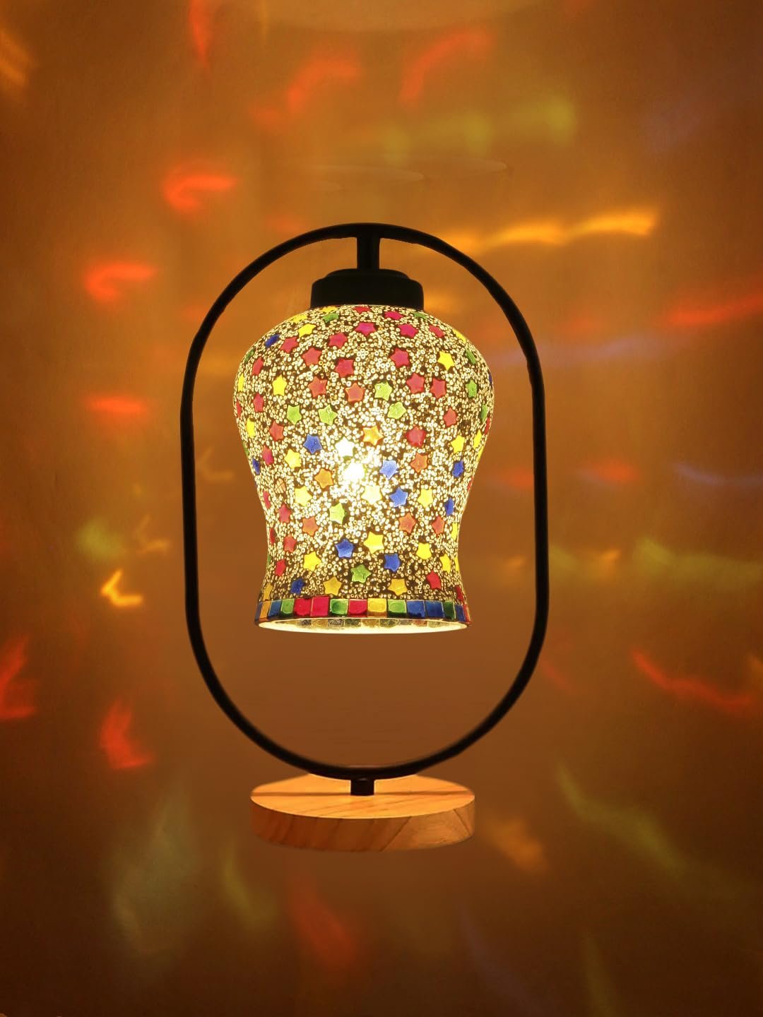 Multicolor Glass Wooden & Iron Table Lamp -17 Inch Height - PLAP