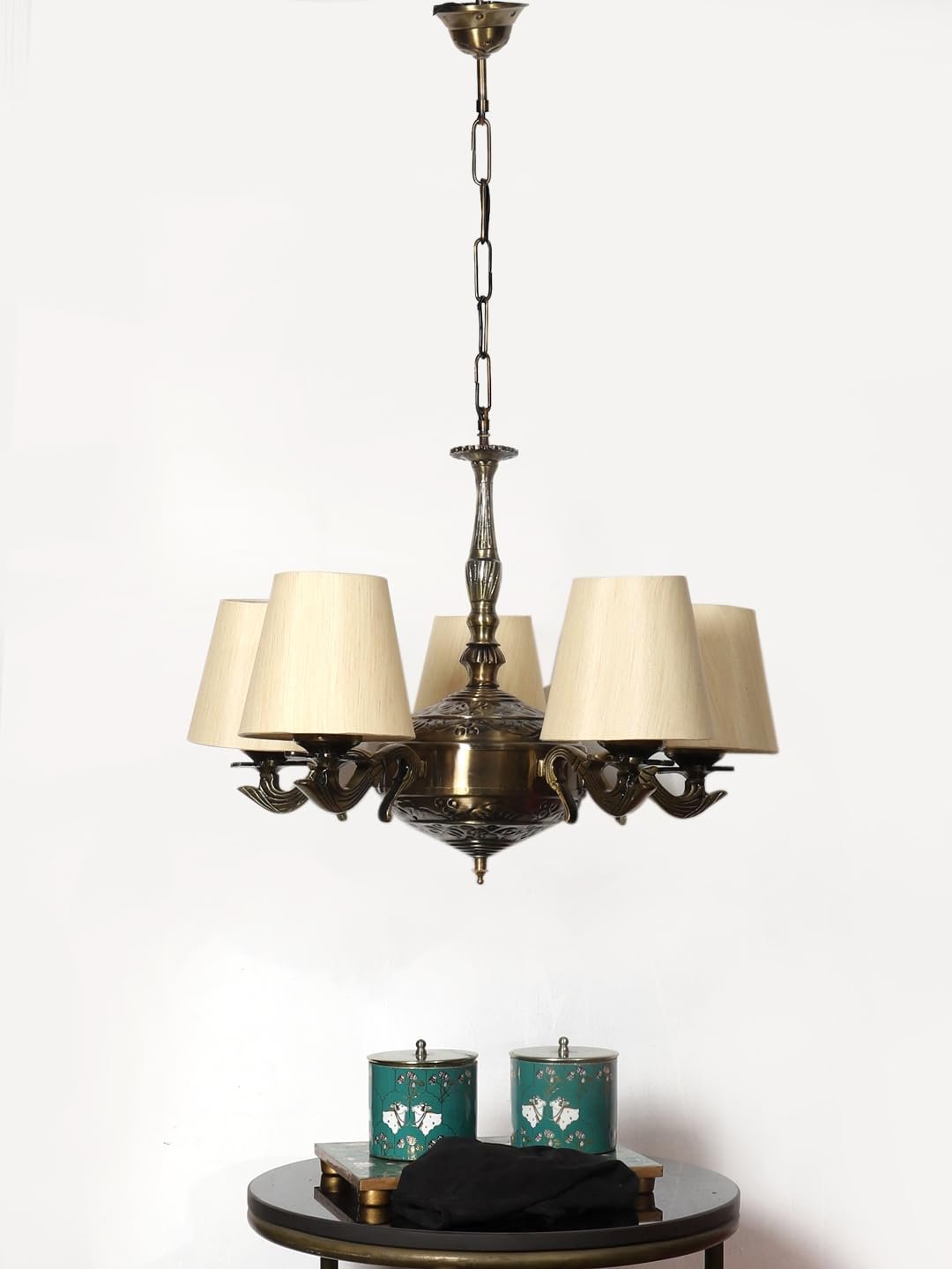 Lights conical Off-White Cotton Shade with Antique Golden Chandelier