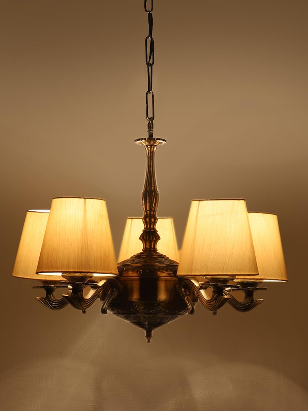 Lights conical Off-White Cotton Shade with Antique Golden Chandelier